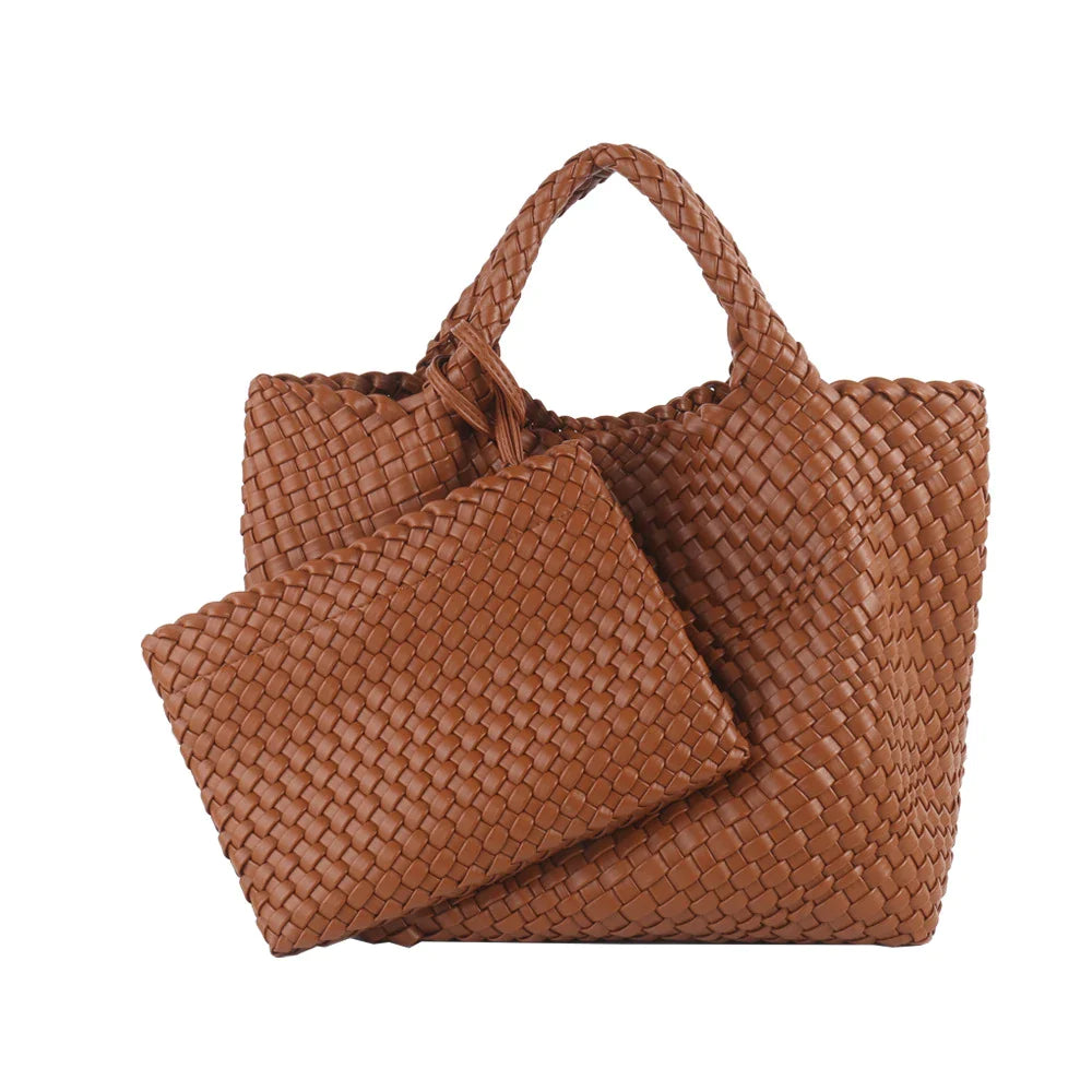 Women PU Leather Knitting Handbag Lady Fashion Classic Tote Female Quality Hand-woven Basket Shoulder Bag Messenger with Purse 24Hr Smart